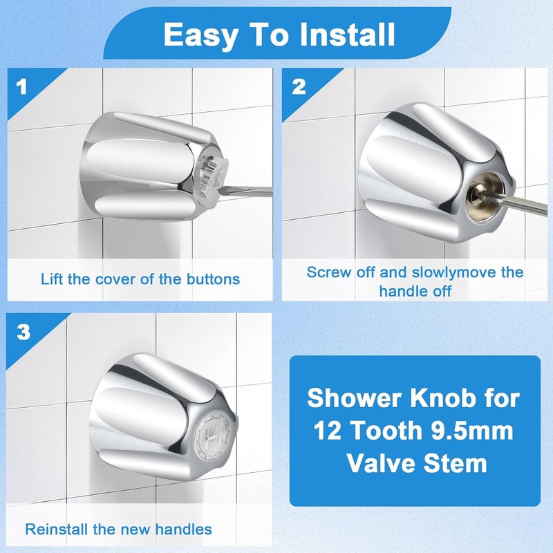 Coolfell Metal 3 Piece Shower Knob Replacement, Compatible with Price Pfister Shower Verve and tub/Shower Faucet Handle, Shower Knob for 12 tooth 9.5mm valve stem, Height 2.35 in Width 2.35 in (Chrome) - Image 5